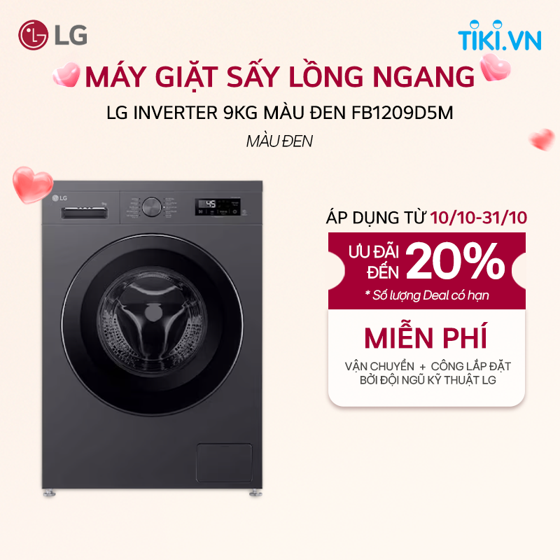 [Chỉ giao Miền Bắc/Nam] Máy giặt sấy lồng ngang LG AI DD Inverter 9kg màu đen FB1209D5M - Hàng Chính Hãng