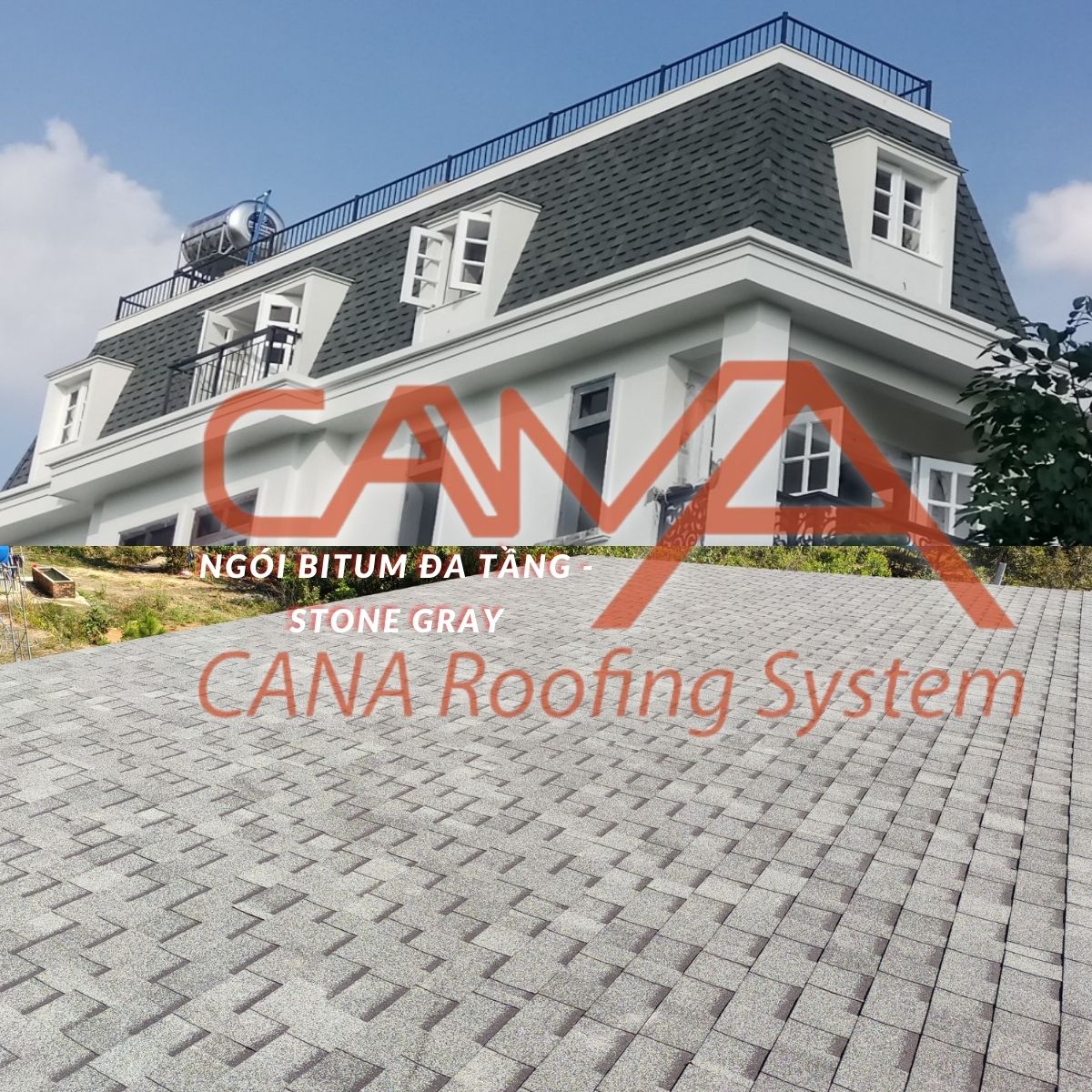 Tấm lợp nhựa đường CANA đa tầng Stone Gray - ngói lợp nhựa đường 2 lớp phủ đá Hàn Quốc cho biệt thự, nhà gỗ, nhà tiền chế đóng gói 14 tấm/2.54m2/gói