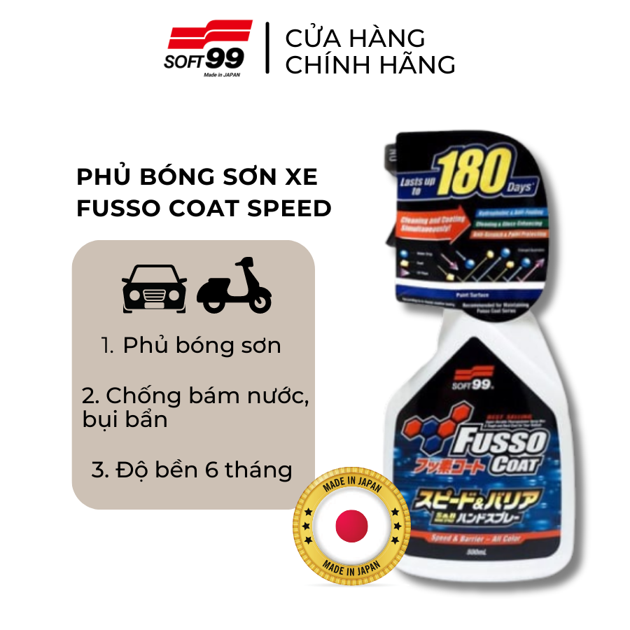 Chai Xịt Phủ Nano, Phủ Bóng Nhanh Sơn Xe Ôtô Độ Bền 7 Tháng Fusso Coat Speed & Barrier Hand Spray W-208 Soft99 500ml