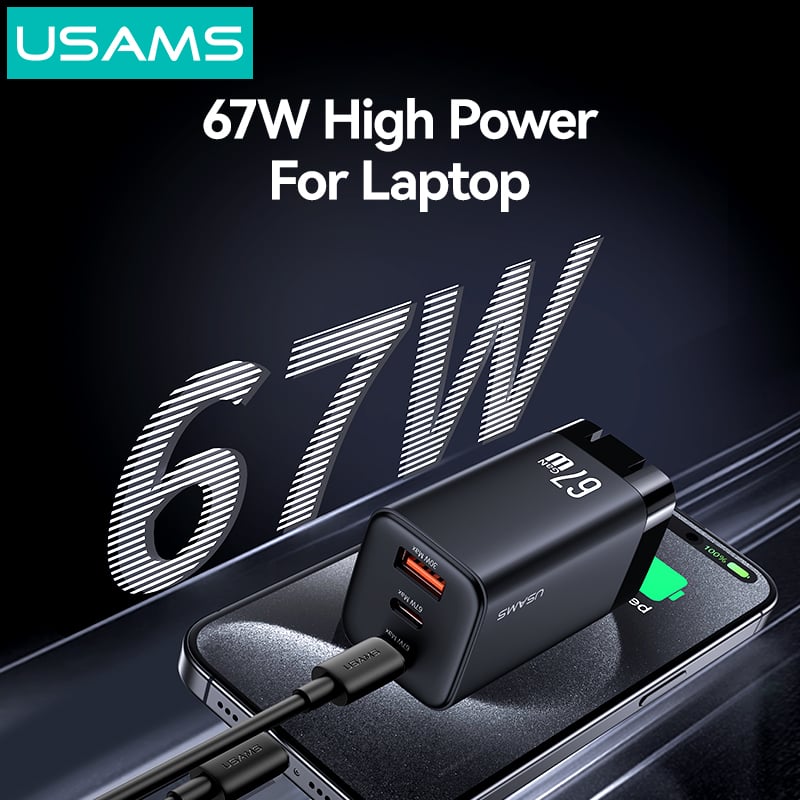 Củ Sạc Nhanh 67W 2C+A USAMS CC272 (GaN Charger, 3 Port, CC272 chân dẹp) Hàng Chính Hãng