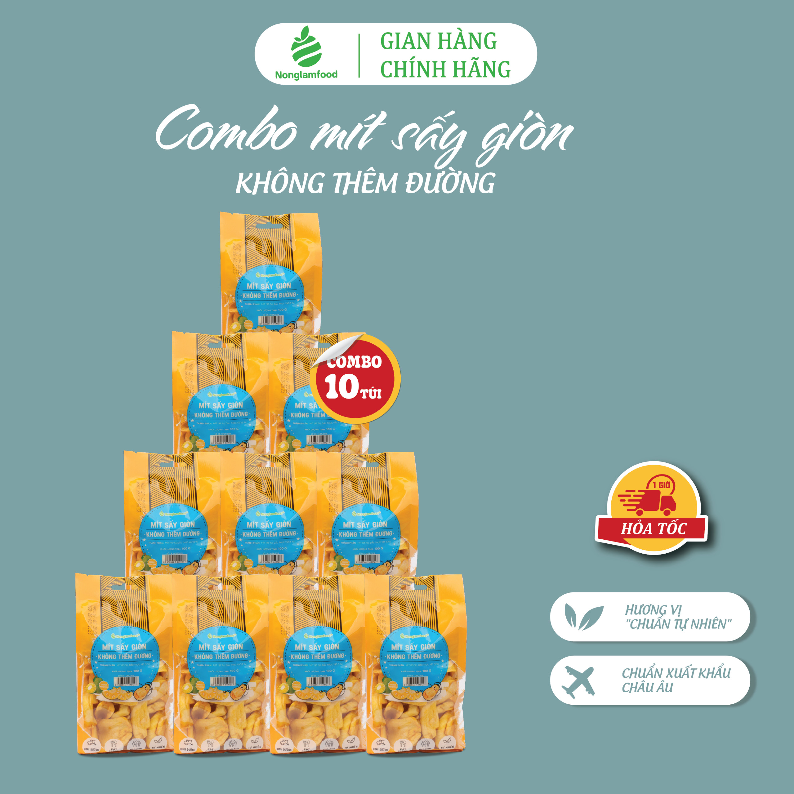 Combo 10 túi Mít sấy giòn KHÔNG THÊM ĐƯỜNG Nonglamfood túi 100g | Ăn vặt dinh dưỡng, thơm ngon thượng hạng