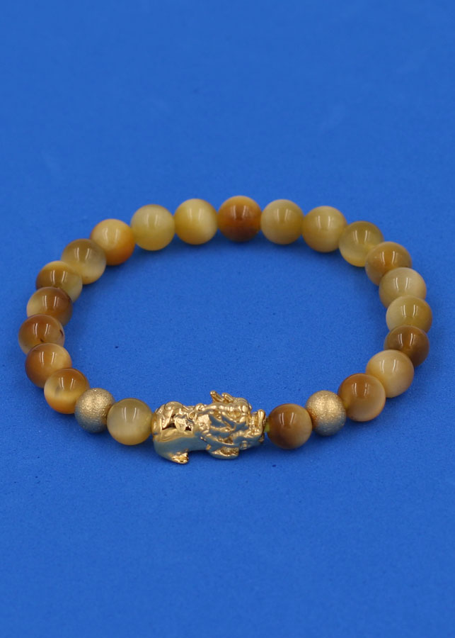 Vòng đeo tay đá Măt Hổ vàng 6 ly cẩn Tỳ Hưu inox vàng VMHVTHHBV6 - hợp mệnh Thổ, mệnh Kim