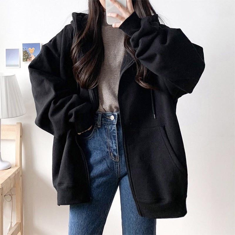 ÁO KHOÁC NỈ NAM NỮ TRƠN HOODIE KHÓA ZIP NÓN TO FORM RỘNG THỜI TRANG ULZZANG G5