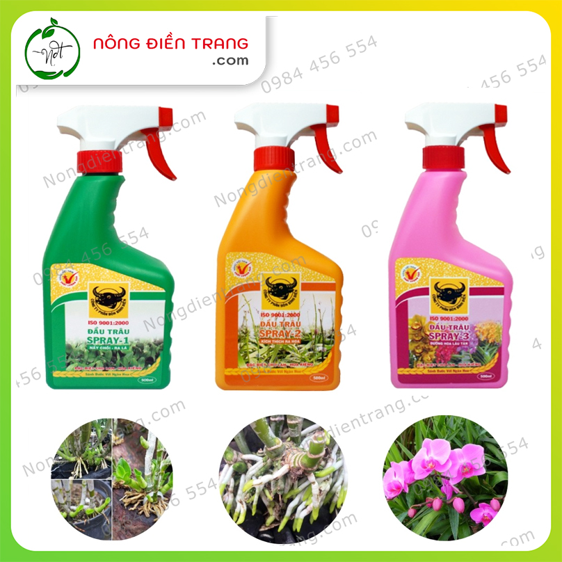 Combo Ba Phân Bón Lá Đầu Trâu SPRAY 1 - SPRAY 2 - SPRAY 3 - Chai 500ml - Kích Thích Nảy Chồi, Ra Lá, Ra Hoa, Dưỡng Hoa Lâu Tàn VTNN Nông Điền Trang