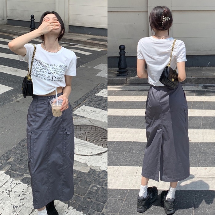 CHÂN VÁY DÀI MIDI TÚI HỘP XẺ SAU SUÔNG TRƠN + ÁO THUN CROPTOP TAY NGẮN ĐI TIỆC ĐI CHƠI DẠO PHỐ ĐI BIỂN