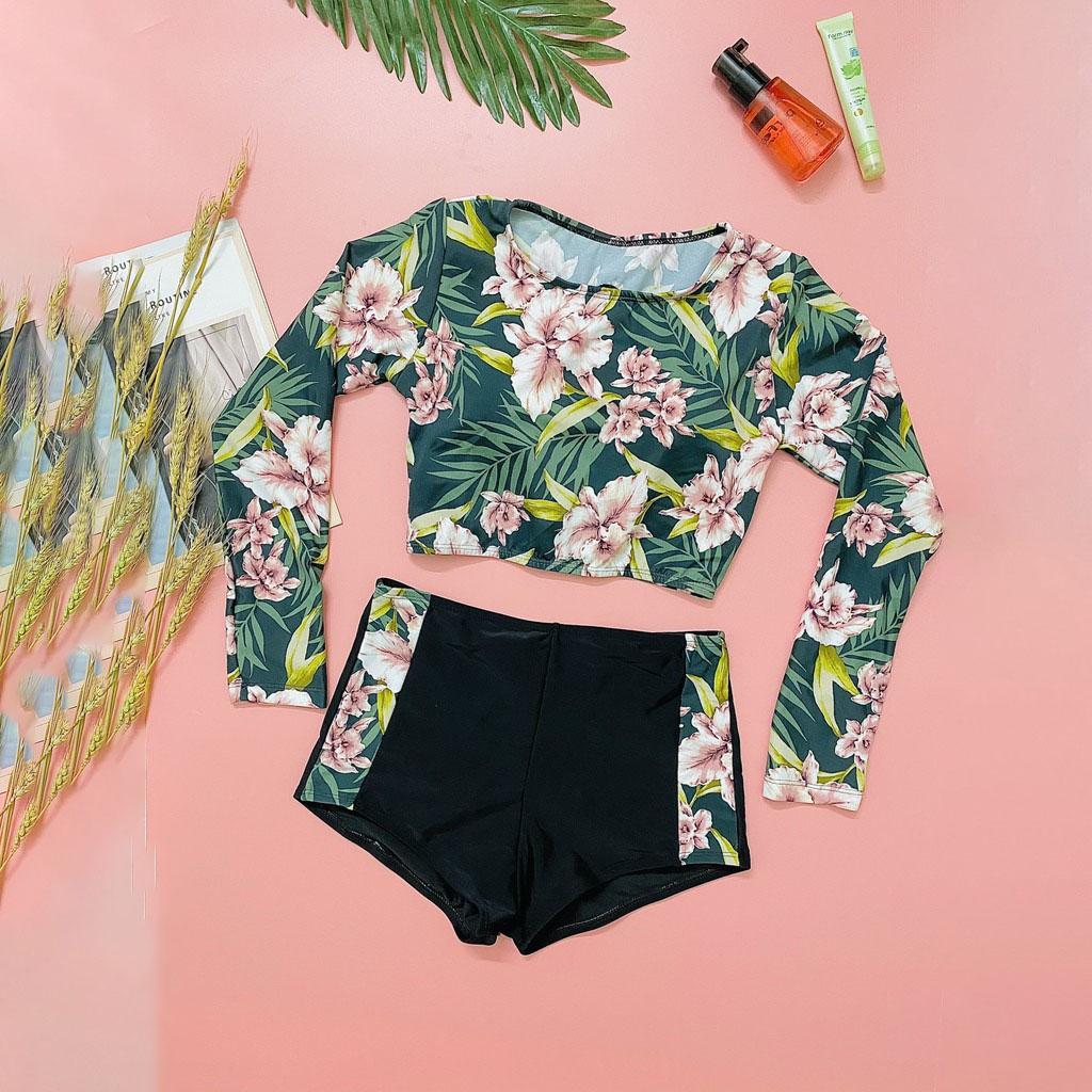 Đồ bơi nữ Bikini nữ 2 mảnh họa tiết dài tay đan lưng quần đùi kín đáo bộ bơi hoa đi biển QP009