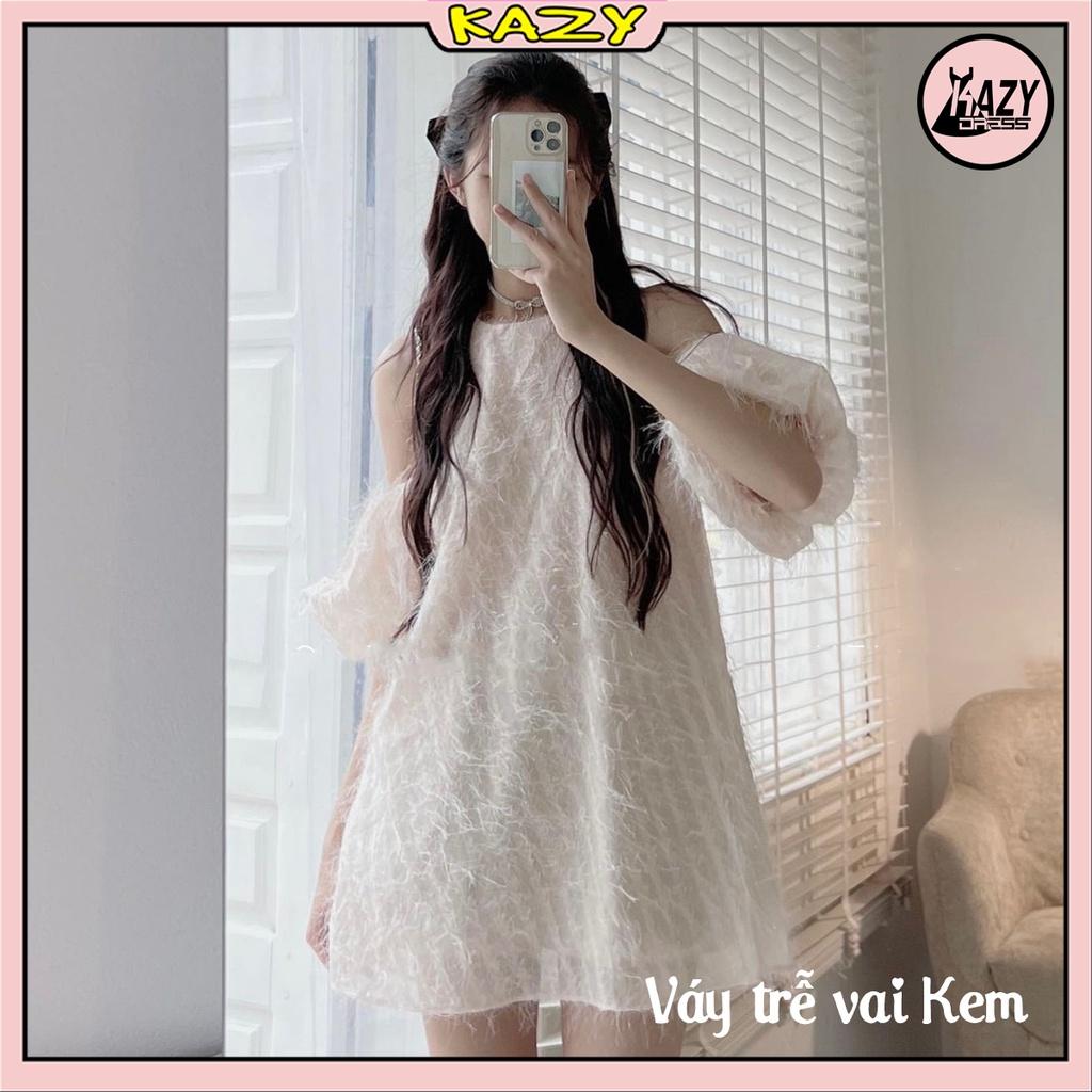 Váy cổ yếm trễ vai tơ lông mềm mịn phong cách tiểu thư KAZY DRESS V047