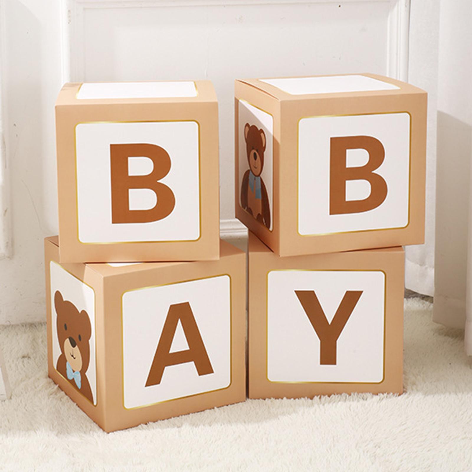 4PCS Baby Shower Decorations for Boy Girl, Baby Box Block Balloons Boxes with Letters, Gender Reveal Decor, Birthday Party Backdrop