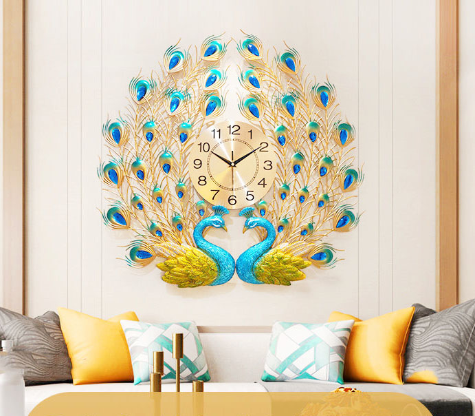 Đồng hồ treo tường trang trí decor chim công CY5 Khổng Tước xanh kích thước 65 x 65 cm