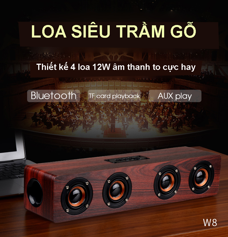 Loa gỗ Bluetooth W8 Hifi 12W Loa siêu trầm không dây Âm thanh nổi Chất liệu từ gỗ cao cấp, có 4 loa nghe nhạc cực hay  - Hàng Chính Hãng