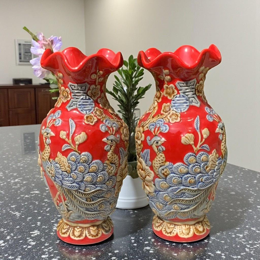 Bộ đồ thờ RỒNG VIỆT men đỏ đắp nổi, gốm sứ Bát Tràng tinh xảo, sản phẩm cao cấp cho thờ cúng