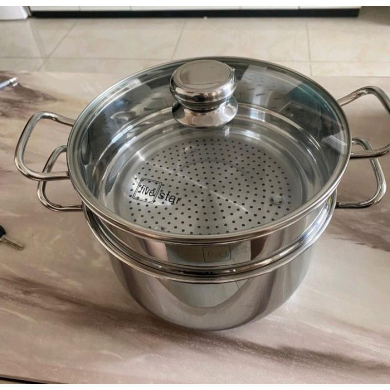 Nồi hấp luộc gà inox 2 tầng 3 đáy dày Fivestar nắp vung kính