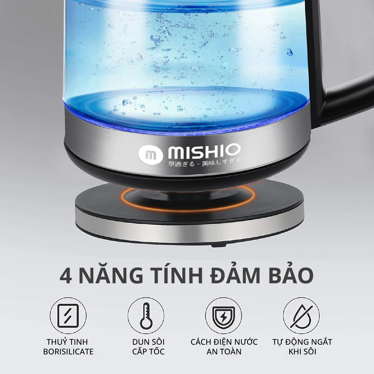 Bình đun 1.8L thủy tinh borosilicate mâm inox 304 Mishio MK341 - Hàng chính hãng