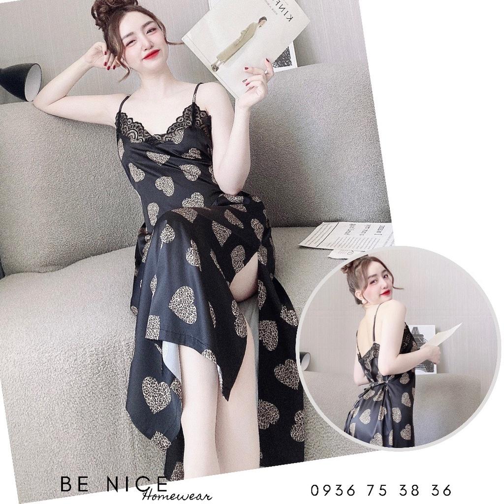 Váy lụa dây mặc nhà sexy phối ren xẻ hai bên xinh xắn Be Nice Homewear