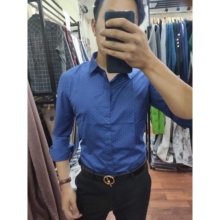 Áo Sơ Mi Xanh Dương Chấm Bi Tròn Kèm Ảnh Thật Tại Cửa Hàng