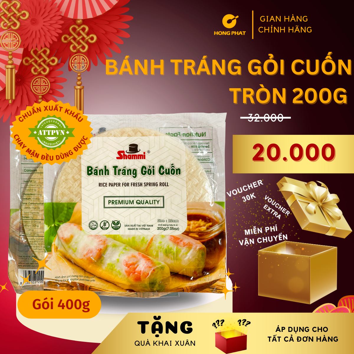 Bánh tráng gỏi cuốn Shammi 200g. Báng tráng cuốn xuất khẩu size 22cm loại tròn