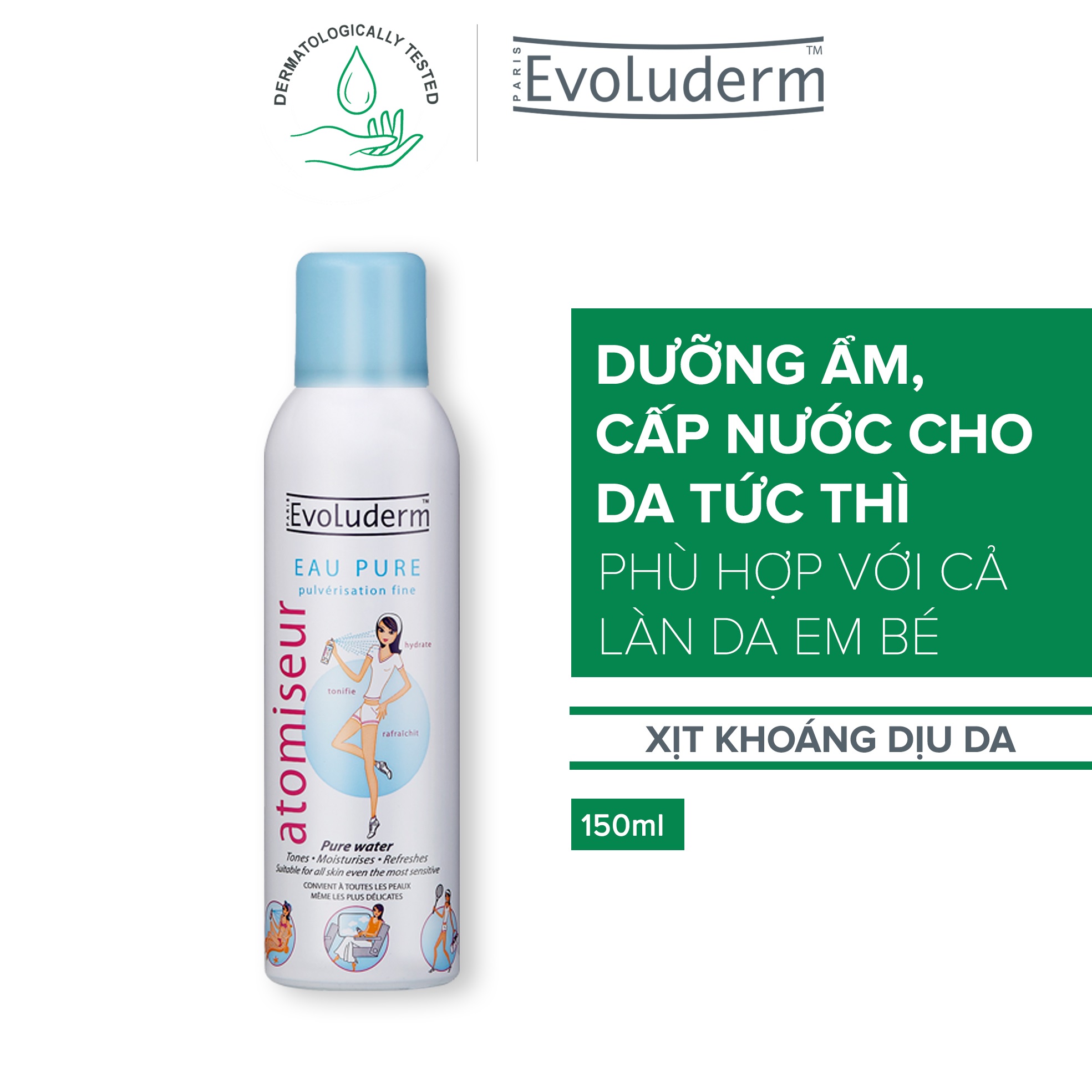 Combo xịt khoáng Evoluderm 150ml và Kem dưỡng ẩm làm mềm bảo vệ da Evoluderm 150ml