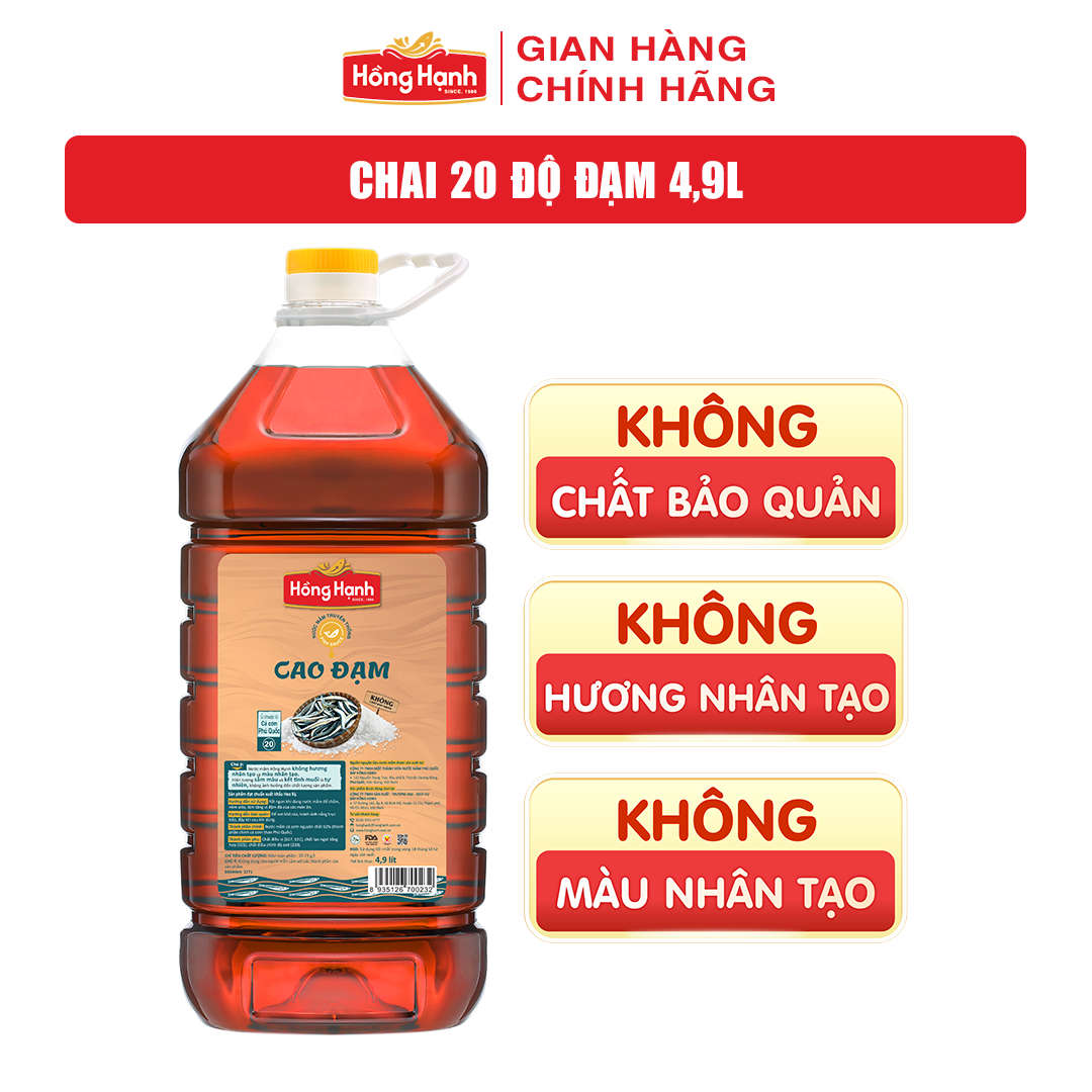 Nước mắm truyền thống Phú Quốc Hồng Hạnh Cao Đạm 20 độ đạm, dung tích 4,9 lít - Nêm ướp đậm đà