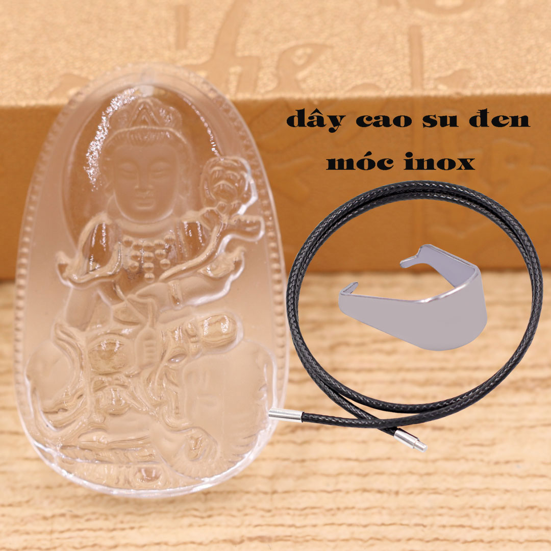 Mặt Phật Phổ hiền pha lê trắng 3.6 cm kèm móc và vòng cổ dây cao su đen, Mặt Phật bản mệnh