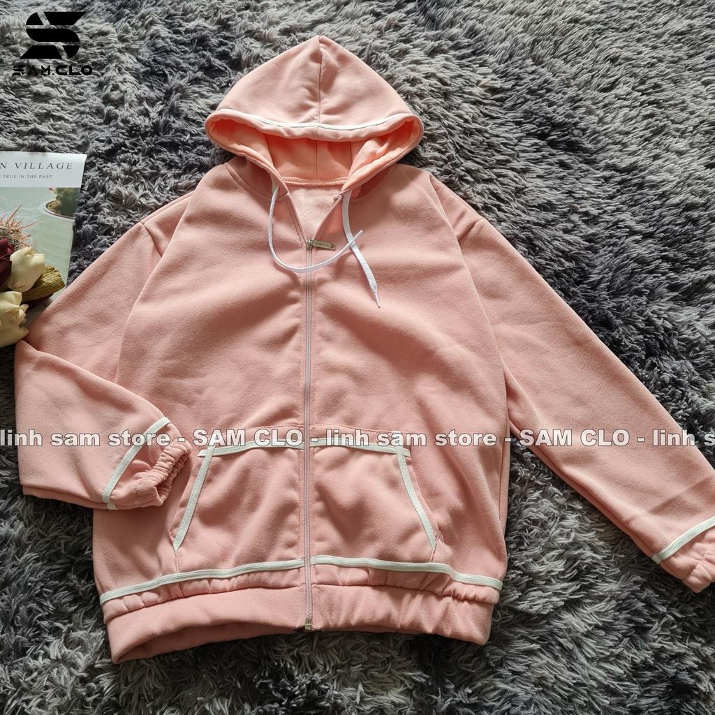 Áo khoác nỉ SAM CLO có mũ khóa kéo freesize nữ dáng unisex CÓ BO VIỀN TRẮNG