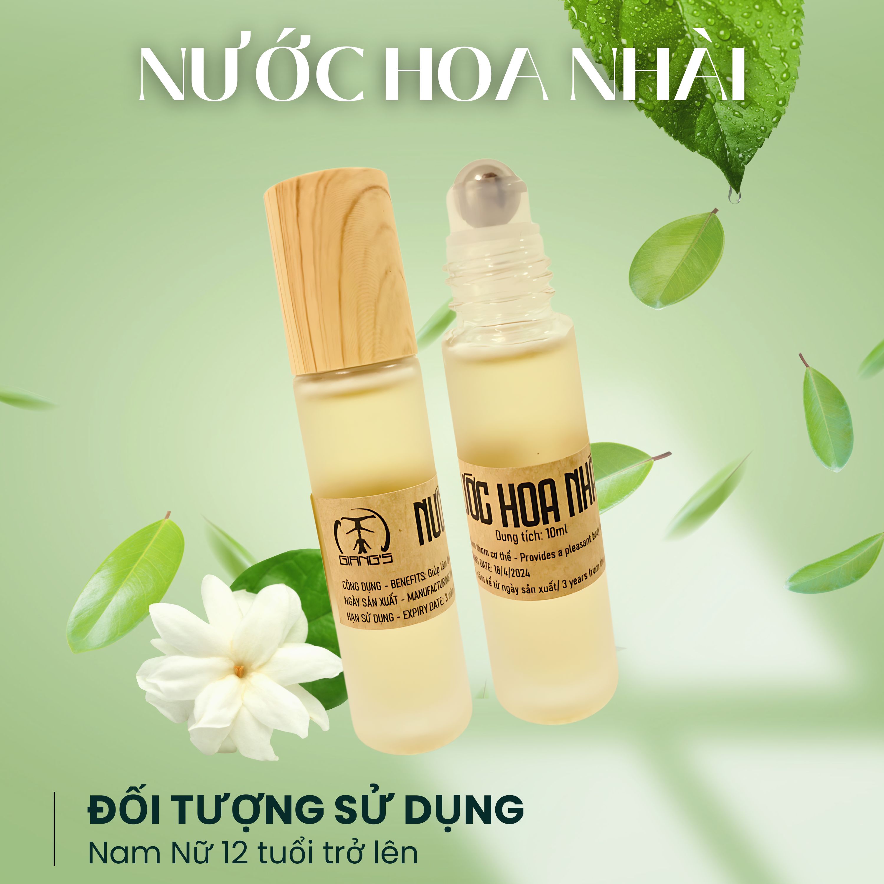 Hình ảnh Nước hoa nhài GIANG'S đầu bi lăn chai 10ml - Hương thơm nhẹ nhàng tinh tế sang trọng