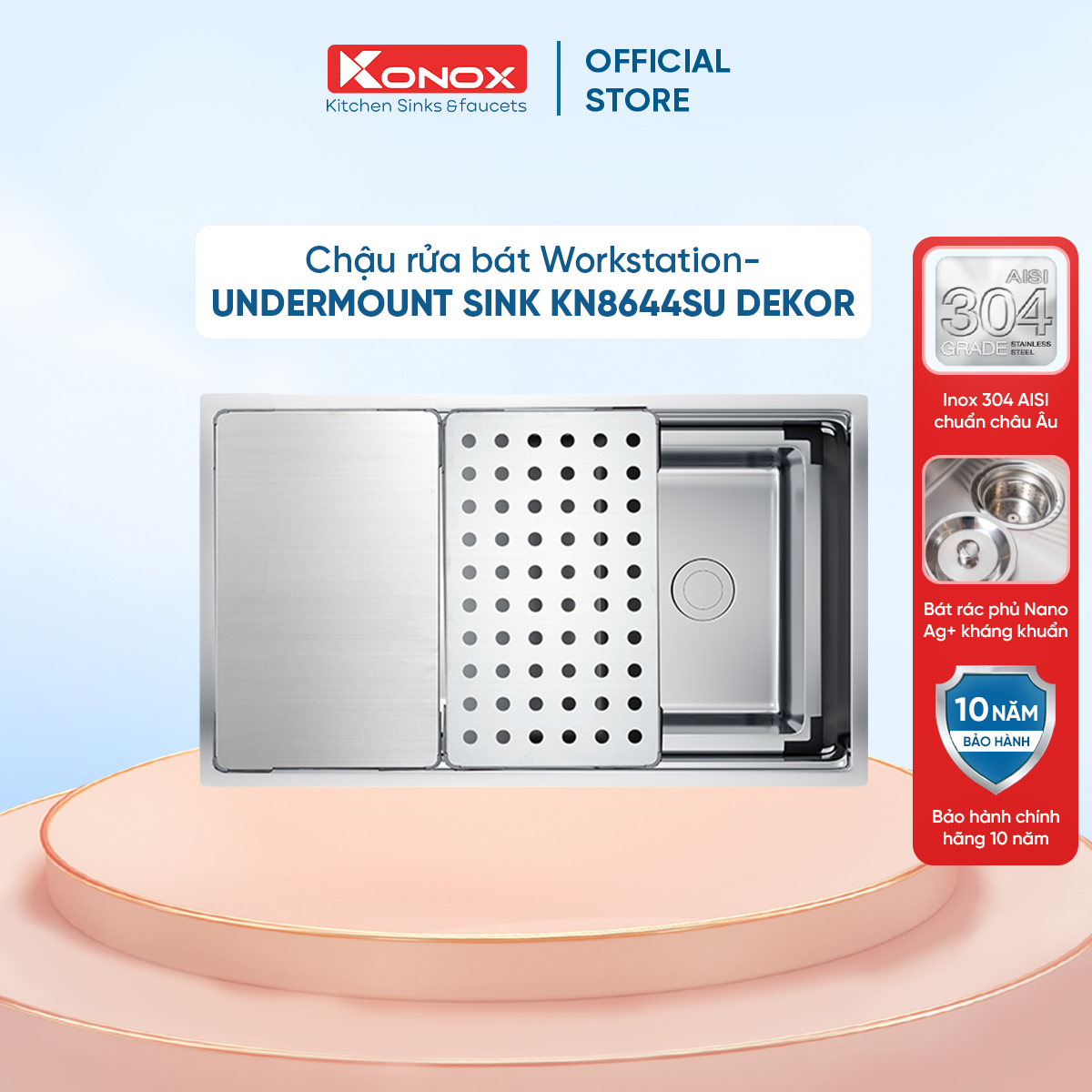 Chậu rửa bát chống xước KONOX Workstation – Undermount Sink KN8644SU Dekor - Bảo hành chính hãng 10 năm