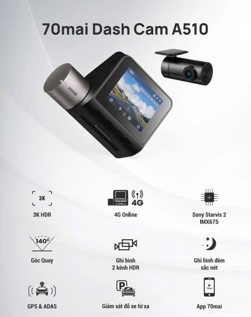 Camera hành trình 70mai A510 cảnh báo an toàn ADAS, 4G, GPS, độ phân giải 3K HDR sắc nét - Hàng chính hãng