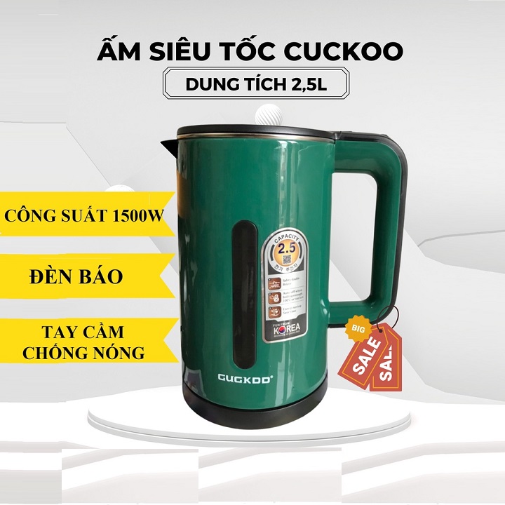 Bình đun nước siêu tốc công suất 1500W đun sôi cực nhanh, dung tích 2.5L, 2 lớp cách nhiệt an toàn