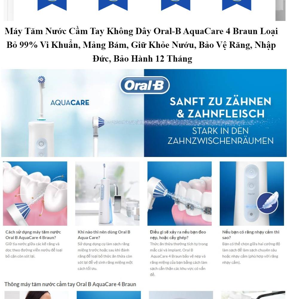 Máy Tăm Nước Cầm Tay Không Dây Oral-B AquaCare 4 Braun Loại Bỏ 99% Vi Khuẩn, Mảng Bám, Giữ Khỏe Nướu, Bảo Vệ Răng, Nhập Đức, Hàng Chính Hãng