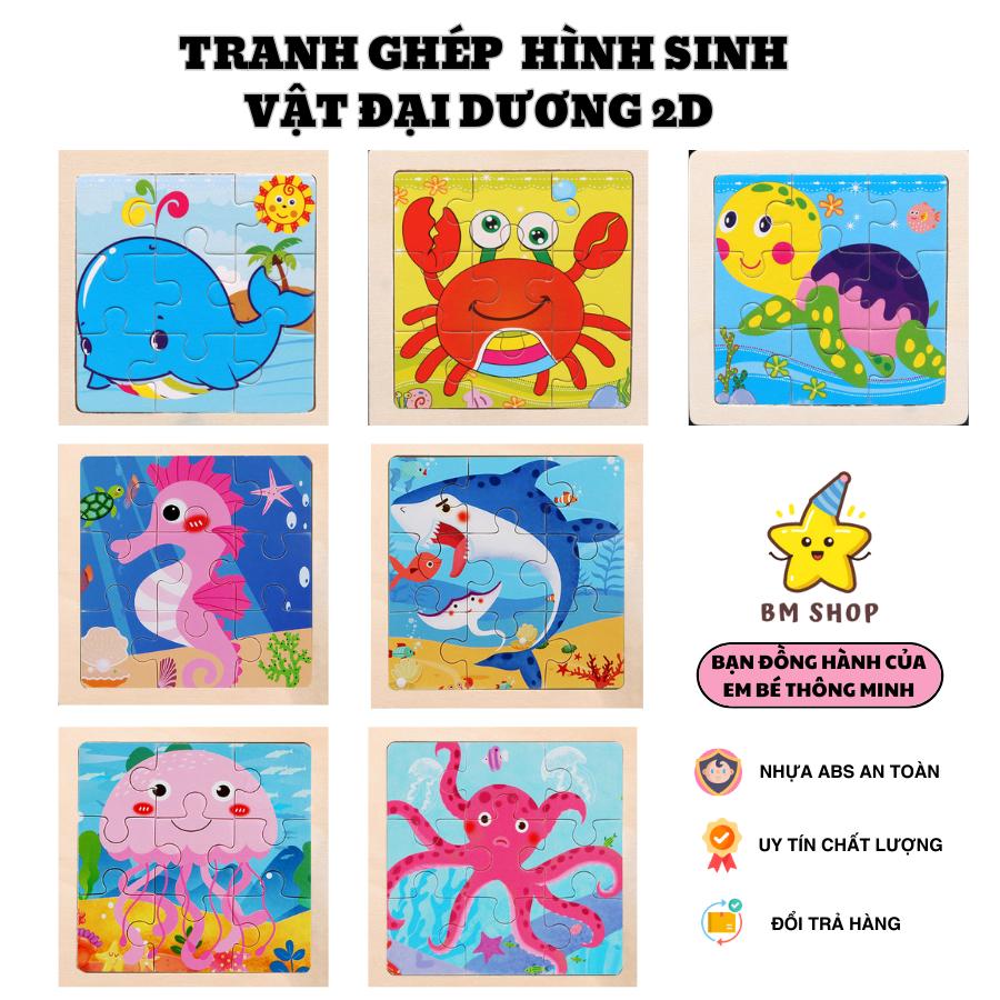 Tranh ghép hình, xếp hình gỗ 2D, 9 miếng, sinh vật đại dương 2D chất liệu gỗ an toàn cho bé