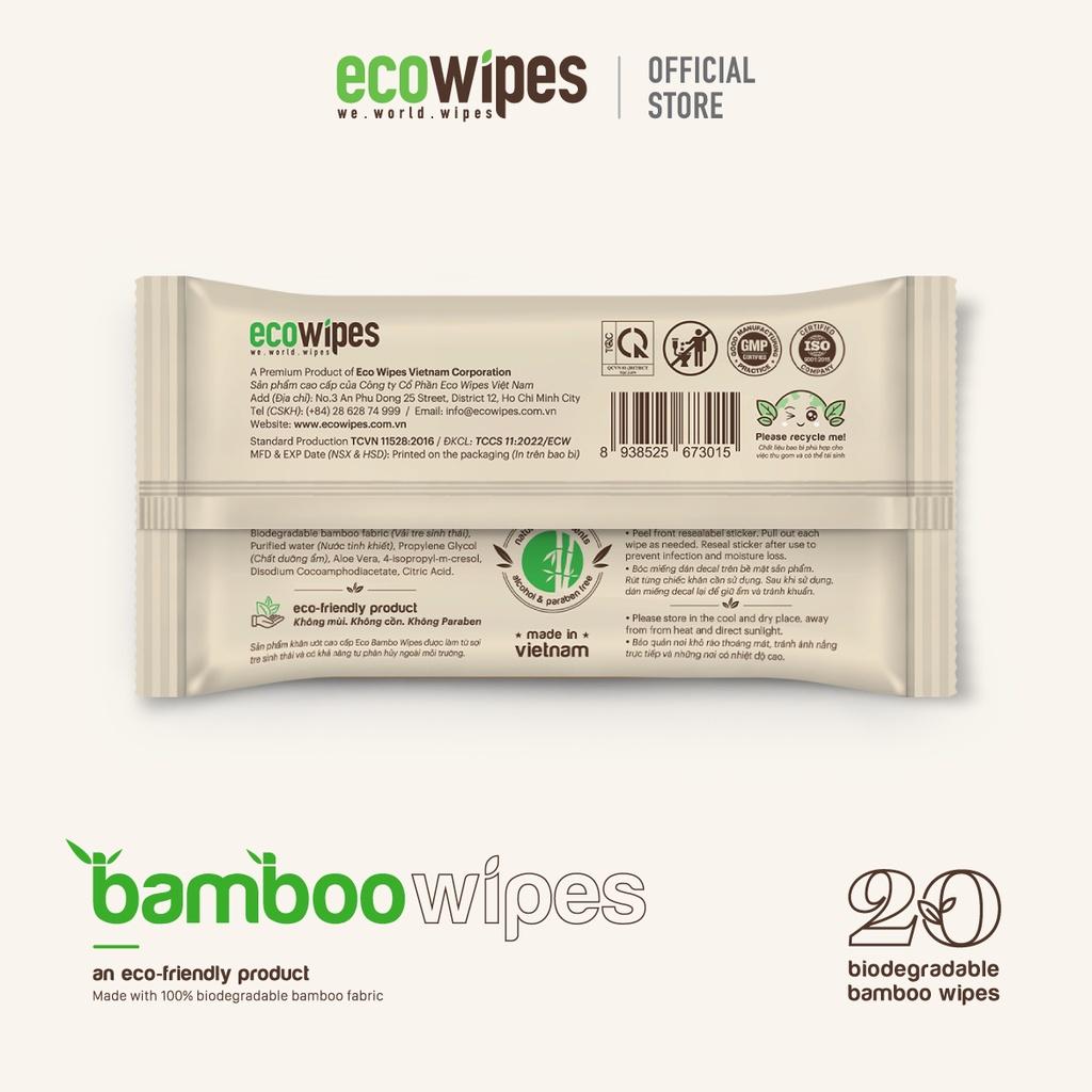 Combo 05 gói khăn giấy ướt cao cấp EcoWipes Bamboo gói 20 tờ vải sợi tre sinh thái không mùi có thể phân hủy