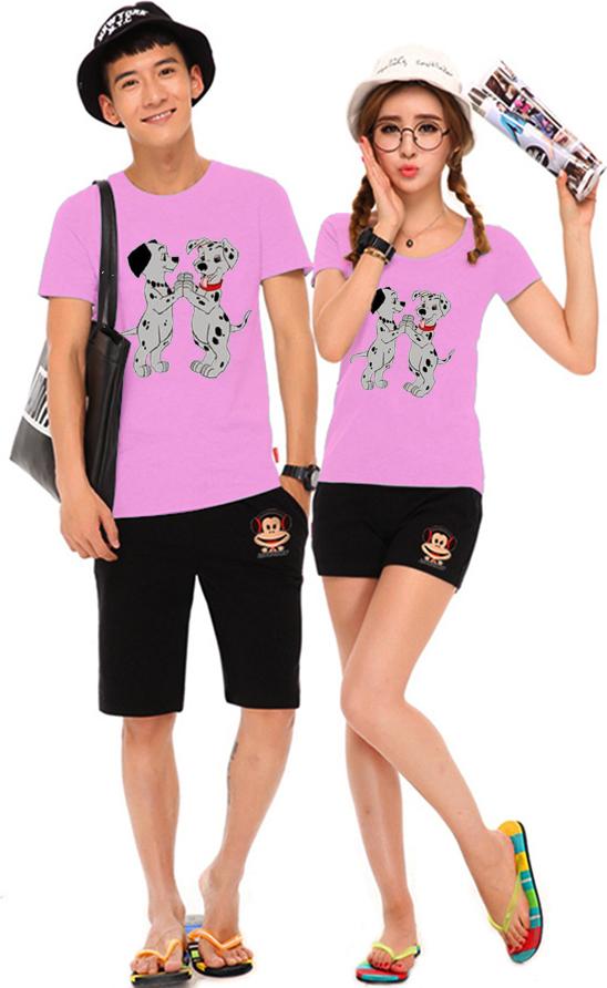 Bộ Áo Thun Đôi Nam Nữ Chó Đốm Màu Hồng Phấn