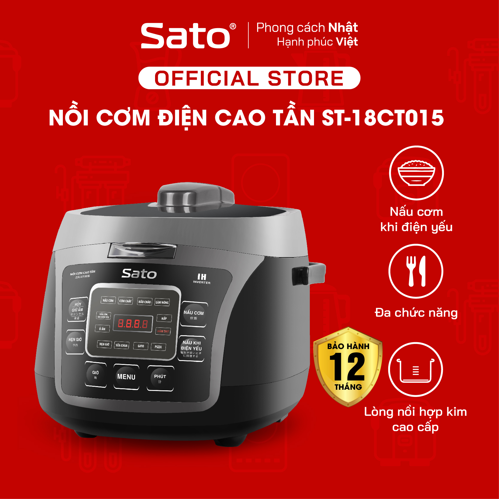 Nồi cơm điện cao tần Sato ST-18CT015 màu đen xám 1.8L , nồi cơm áp suất cao đa năng nấu các loại gạo, nấu cháo, súp, hâm nóng, làm bánh, nồi cơm chống dính cao cấp, công nghệ cao tần Nhật Bản - Miễn phí vận chuyển toàn quốc - Hàng chính hãng