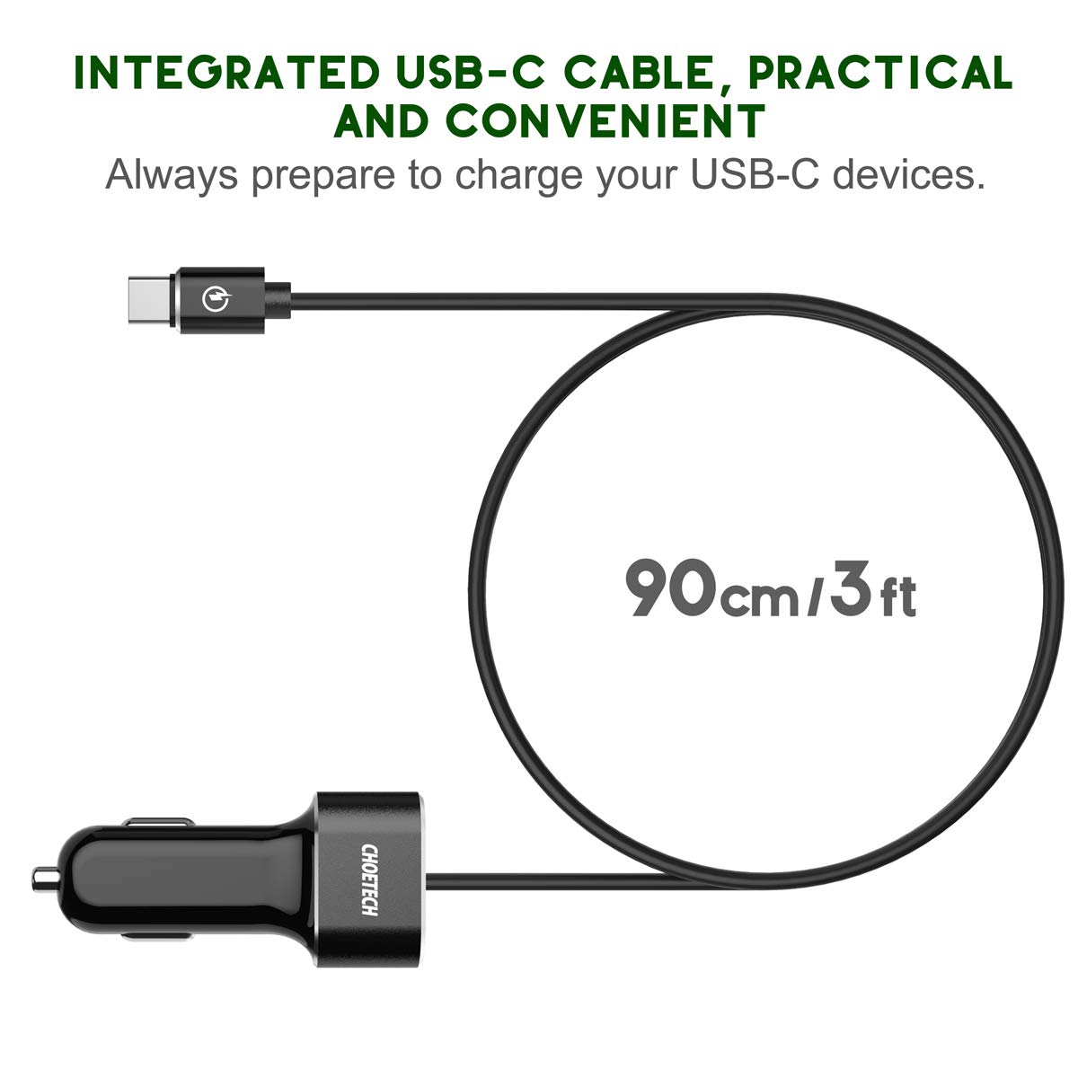 Tẩu củ sạc nhanh kiêm dây sạc Type-c hiệu CHOETECH cho xe hơi ô tô trang bị công suất 30W, Quick Charge 3.0 / PD, Cổng USB &amp; dây sạc Type-C - hàng chính hãng