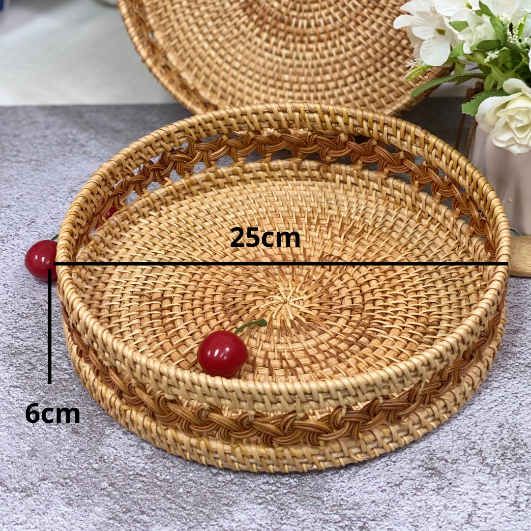 Khay mây tròn đan viền cách điệu D25cm, đựng đồ đa năng Hàng thủ công mỹ nghệ cao cấp Bemiao