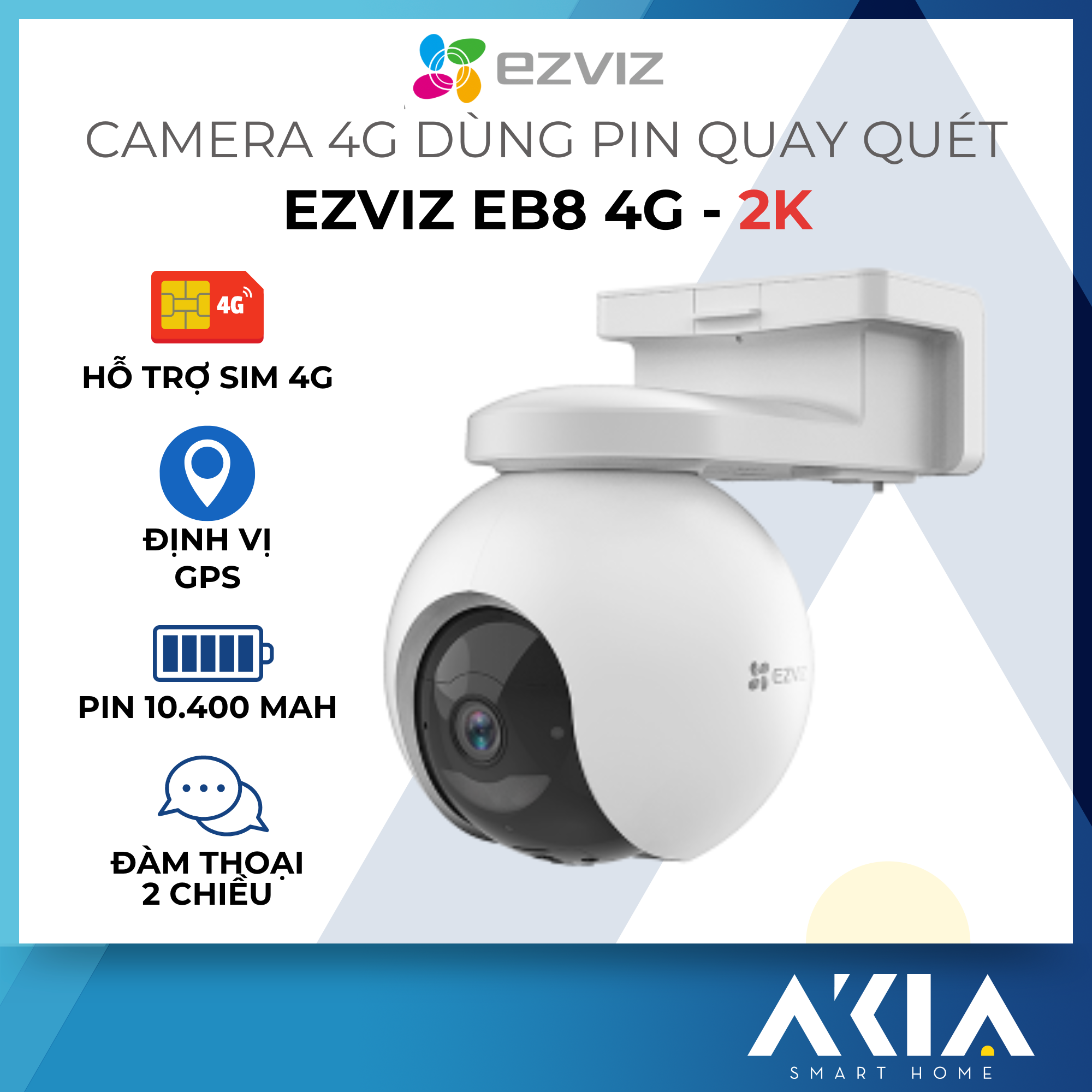 Camera 4G dùng pin Ezviz EB8 - Camera quay quét ngoài trời, độ phân giải 2K , định vị GPS , đàm thoại 2 chiều , có màu ban đêm - Hàng chính hãng