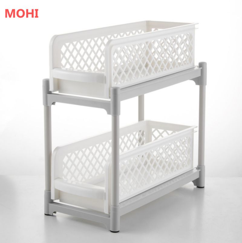 Kệ Nhựa Nhà Bếp 2 Tầng  Đựng Vật Dụng Có Thể Kéo Ra 26x37x38cm- Hàng Chính Hãng