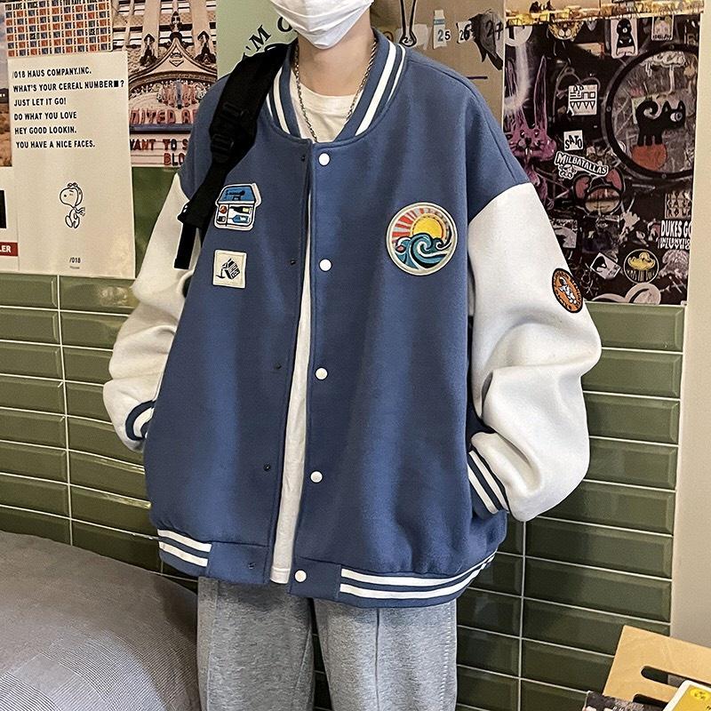 Áo Khoác Bomber Nỉ Bông Thêu Logo Sóng Nổi Varsity Form Rộng Unisex Nam Nữ Phối Phong Cách Ulzzang