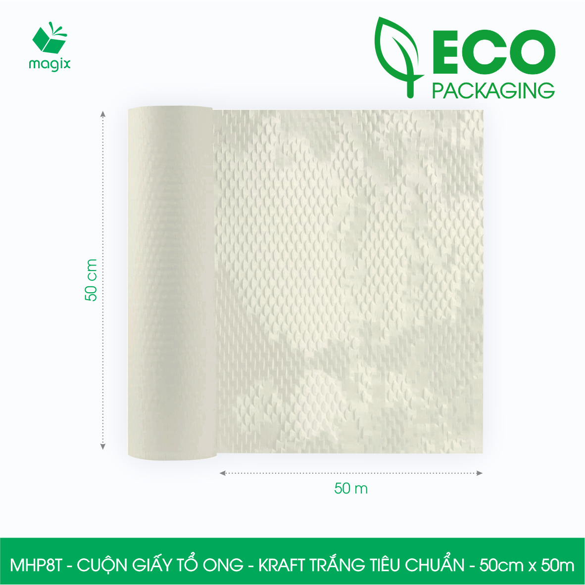 MHP8T - 50cm x 50m - Cuộn giấy tổ ong gói quà, gói hàng chống sốc - Kraft trắng kem Tiêu Chuẩn