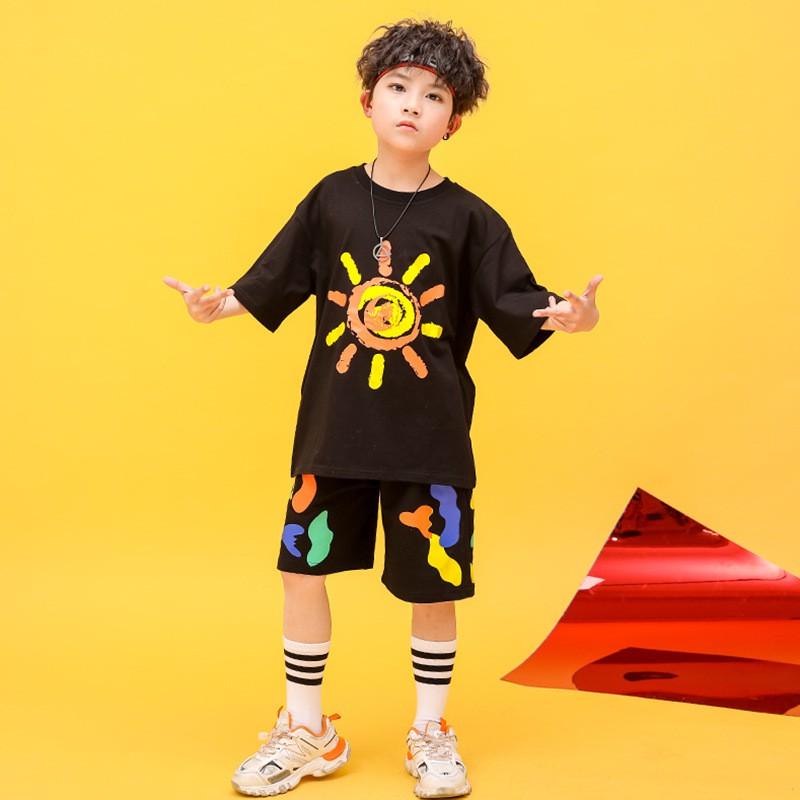 Bộ Hiphop Cho Trẻ Em Nam Ngắn Tay Không Cổ Size Đại Vải Cotton Hàng Quảng Châu Co Giãn 4 Chiều Màu Đỏ Đen