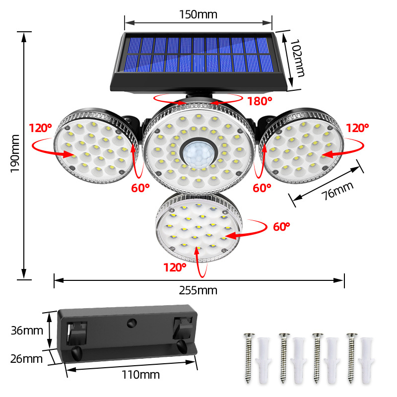 Đèn năng lượng mặt trời, đèn tường xoay 4 đầu 89LED, Thiết kế độc đáo -K1386