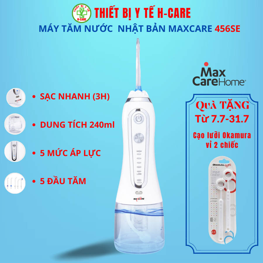 Máy tăm nước cầm tay vệ sinh răng miệng từ Nhật Bản chính hãng Maxcare Max456SE - khoang nước nhỏ gọn 240ml với túi chống sốc đi kèm, dễ mang mang đi, pin sạc dùng trong nửa tháng