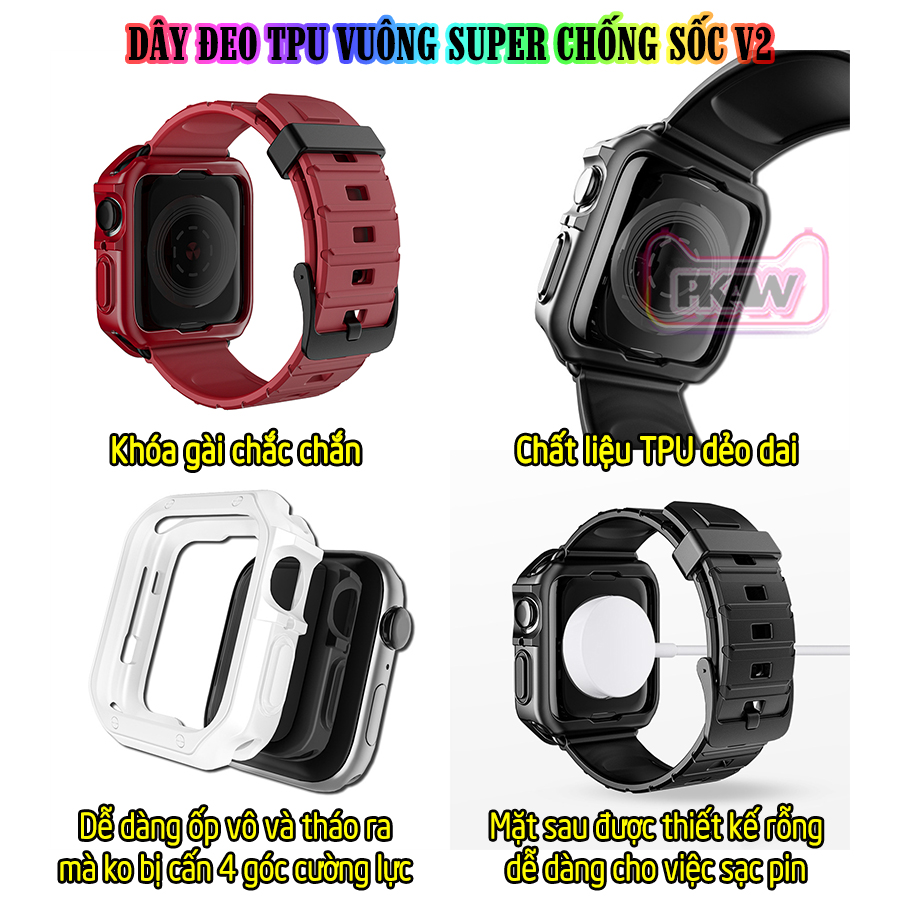 Dây Đeo khung ốp rời dành cho Apple Watch 7/6/5/4/3/2/1 size 38/40/41/42/44/45mm TPU vuông SUPER chống sốc V2 - nhiều màu (tặng cường lực dẻo theo size)