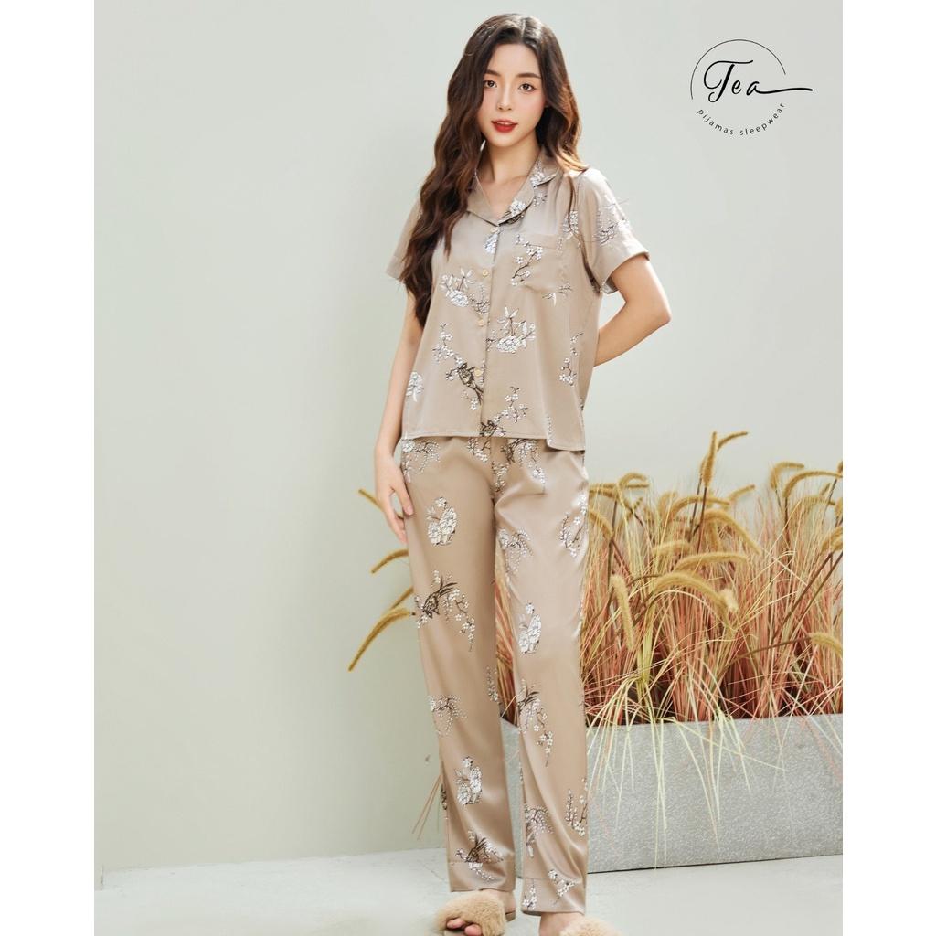 Bộ mặc nhà pyjama lụa cao cấp Tea Store tay ngắn quần dài họa tiết chim sẻ hai màu sang trọng