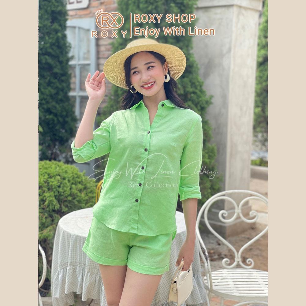 Set Đồ Nữ Linen Quần Short Sơ Mi Tay Dài Thoáng Mát