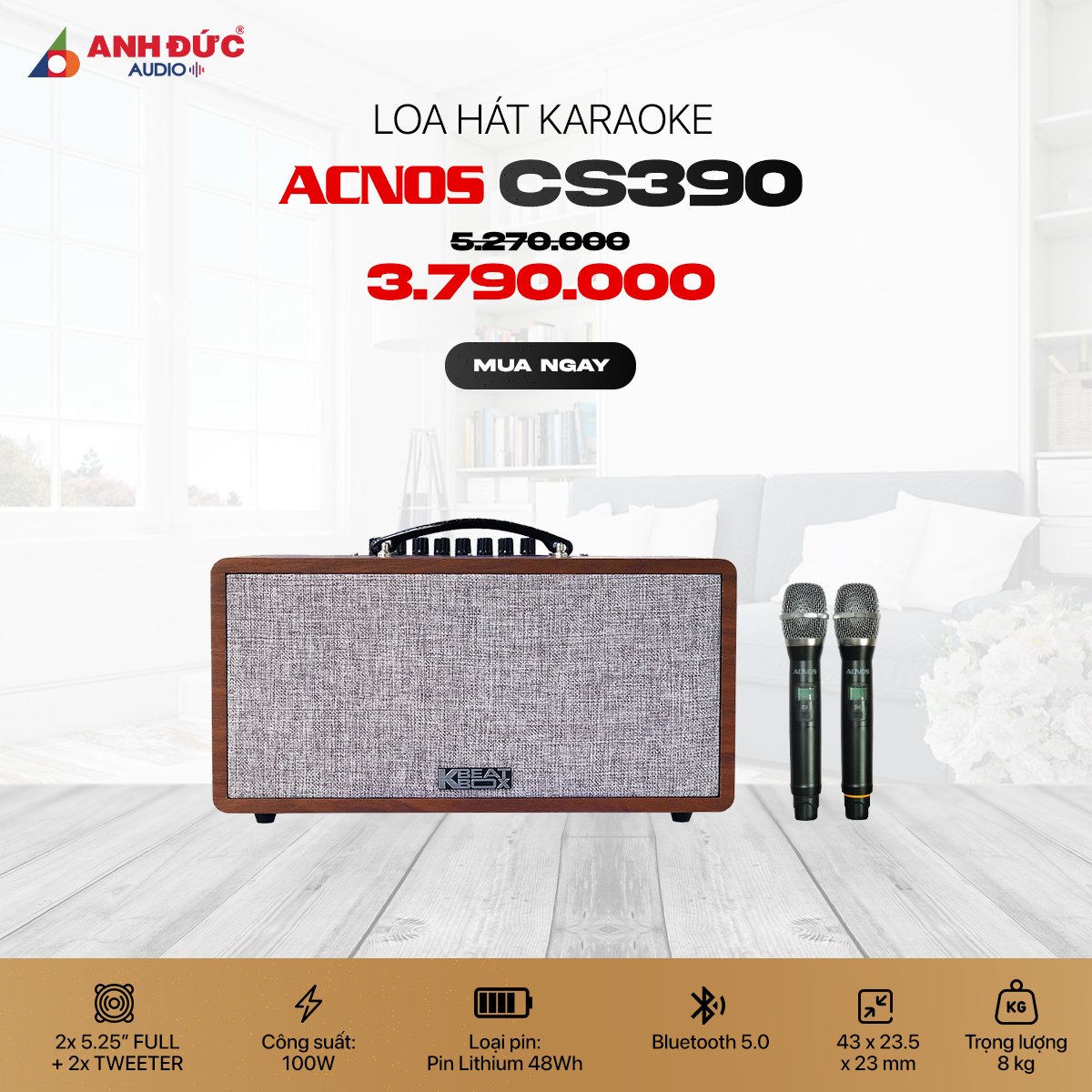 Loa Kéo Karaoke Acnos KS363H - Công Suất 100W - Kèm 2 Micro Không Dây - Hàng Chính Hãng