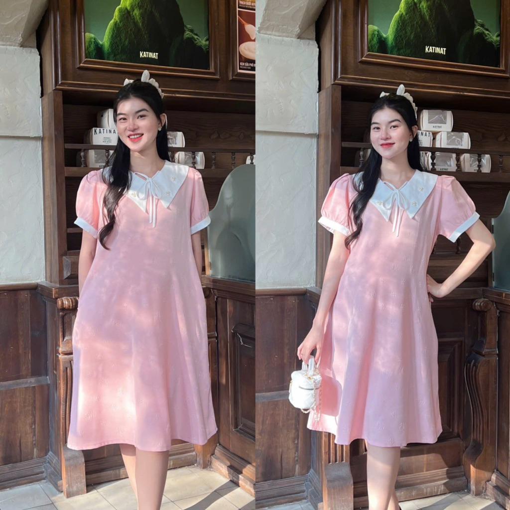 Đầm bầu xước pháp dập bông cổ đính cườm đính nơ sang trọng, thanh lịch váy cho mẹ Váy Bầu Sandal - Xanh bơ