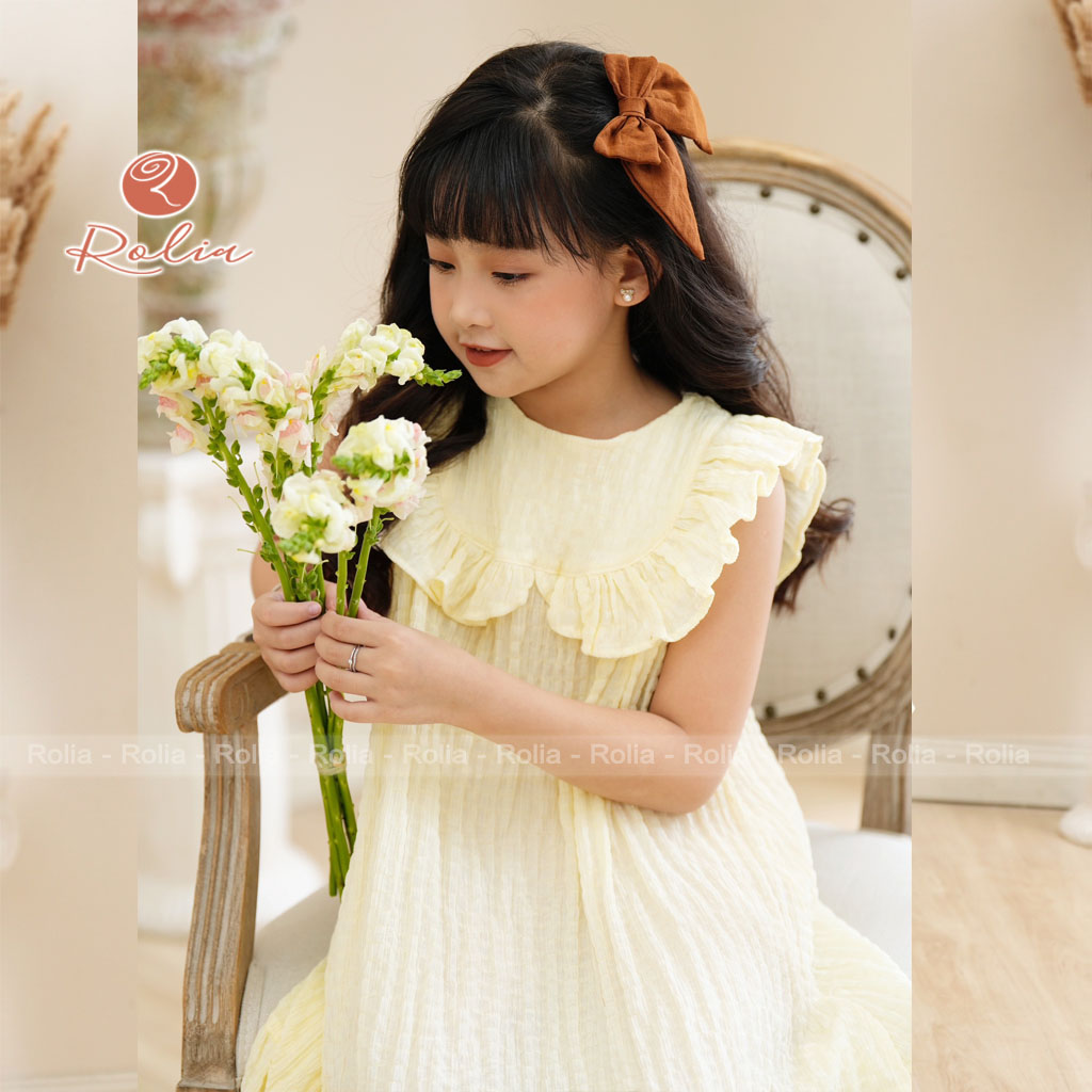 Váy bé gái cộc tay ROLIA chất đũi xốp dáng đuôi cá phối bèo ngực mặc lên chỉ có mát V140