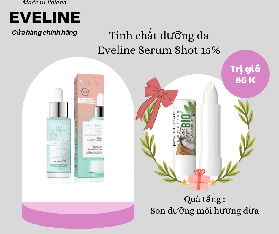 [Tặng son dưỡng môi] Tinh chất dưỡng da Eveline Serum Shot ngừa mụn, se khít lỗ chân lông Niacinamide 30ML