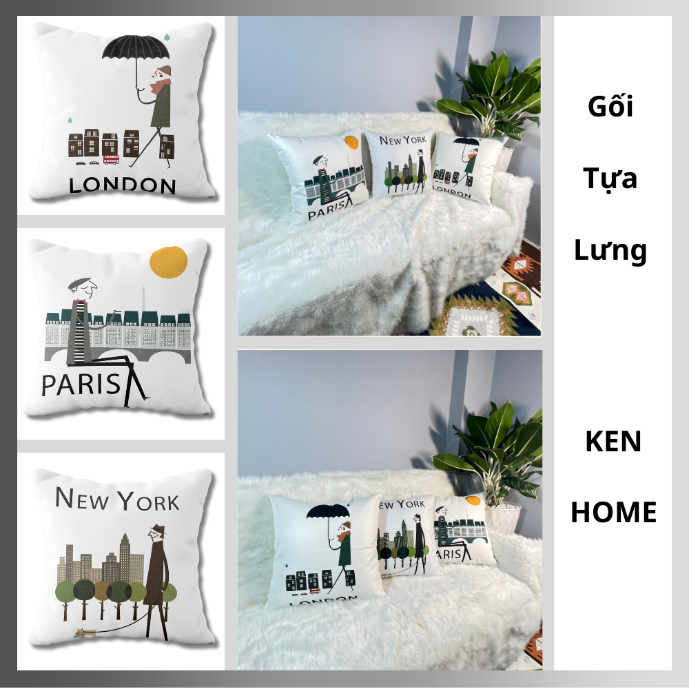 Gối Sofa Họa Tiết NY, Paris, London - Gối Tựa Lưng Sofa Trang Nhã Trang Trí Phòng Khách - Vải Bố Cao Cấp - Kích Thước 45x45cm